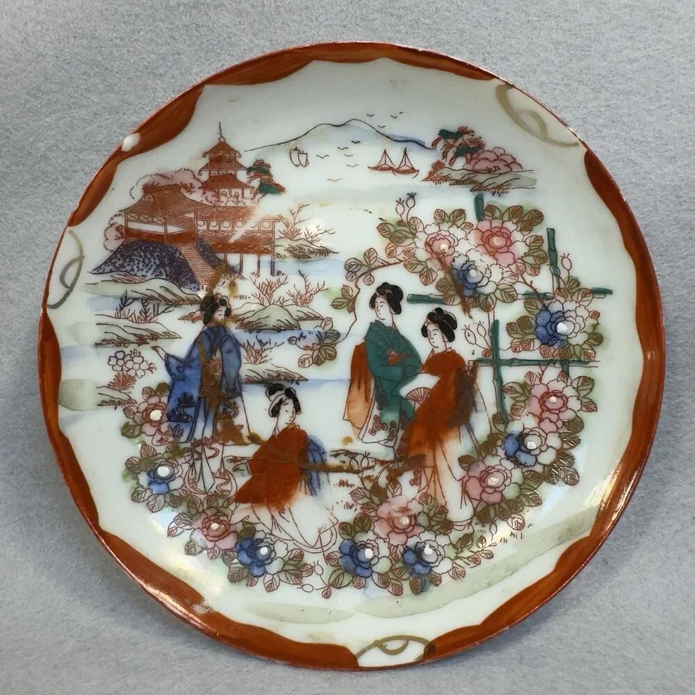 Vintage Japanese Eggshell Porcelain Geisha Pagoda Tea Cup Saucer Orange Red